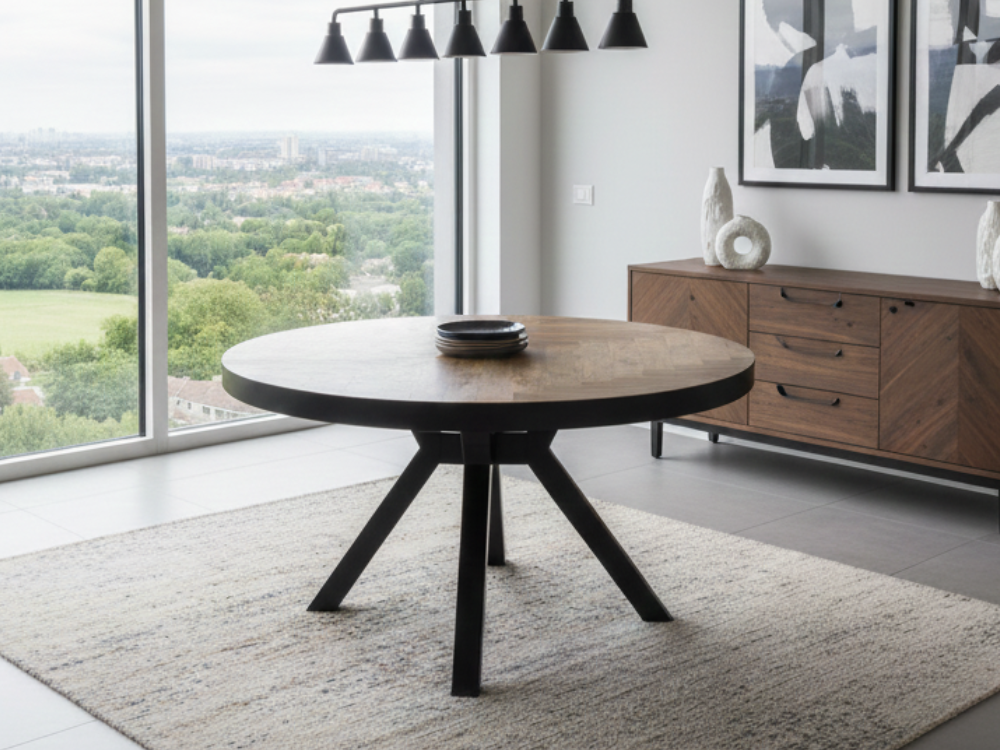 Herringbone Round Dining Table With Diapod Legs